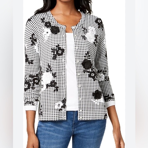 Charter Club Sweaters - Charter Club NWT black and white appliqué floral cardigan - checkered sz L